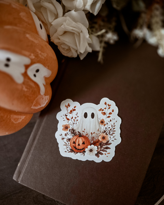Floral Pumpkin Ghost - Vinyl Glossy Sticker